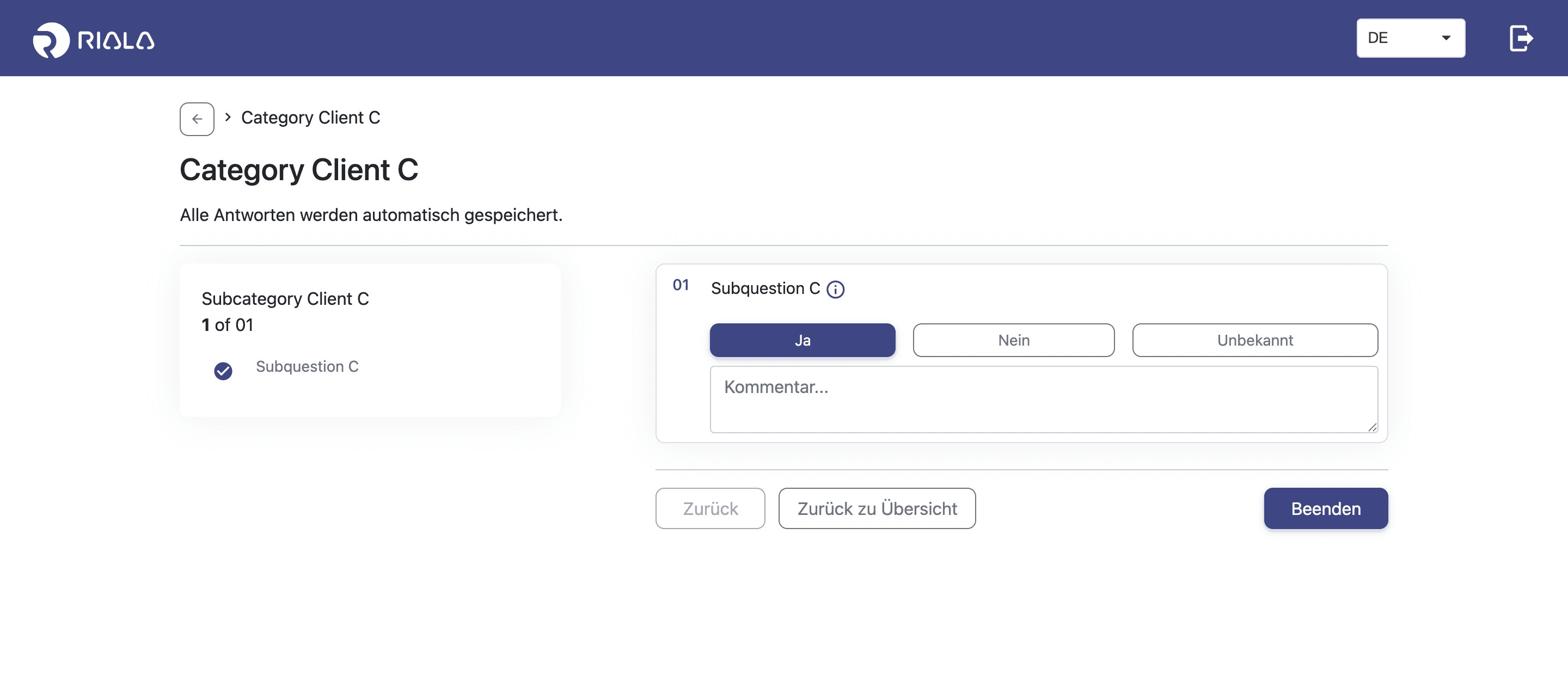 Riala category client questionnaire
