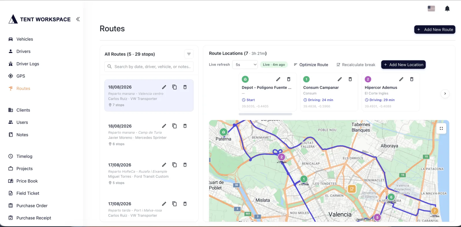 Tent Workspace route planner showing the day's routes, their stops in order and the optimized route on the map